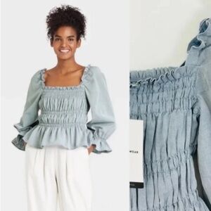 NWT Who What Wear Square Neck Blue Smocked Top